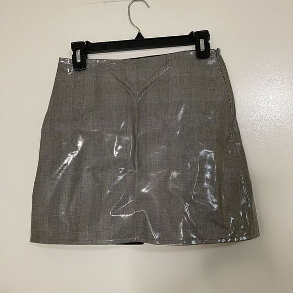 NWOT HELMUT LANG GRAY PLAID PATENT MINI SKIRT SIZE US 2 - Picture 1 of 8
